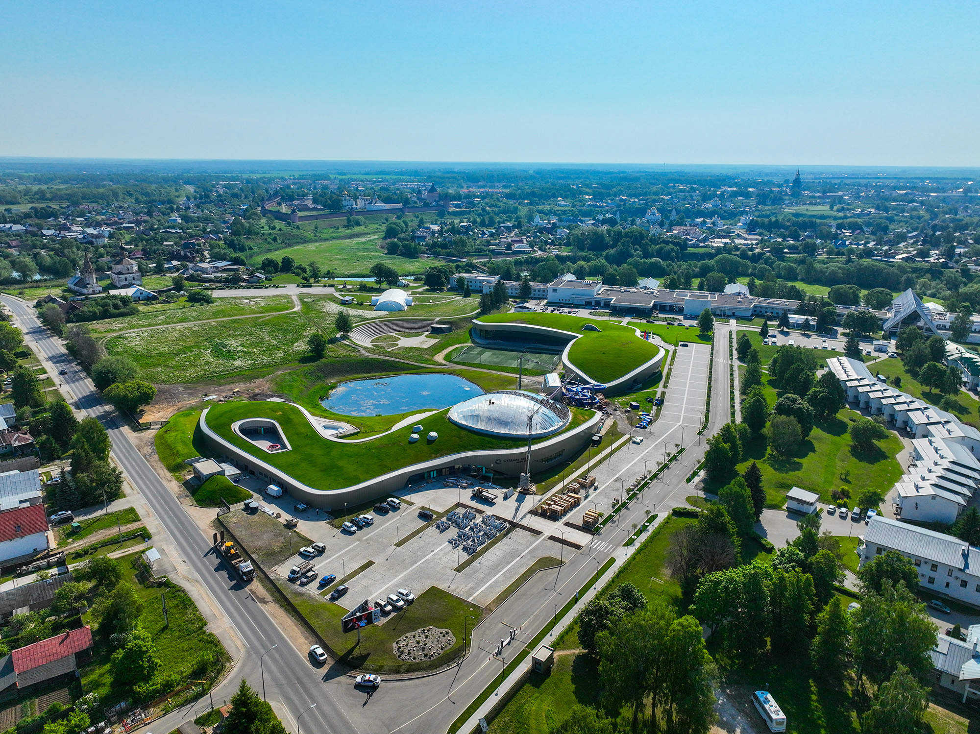 Modern resort with green roofs and water park